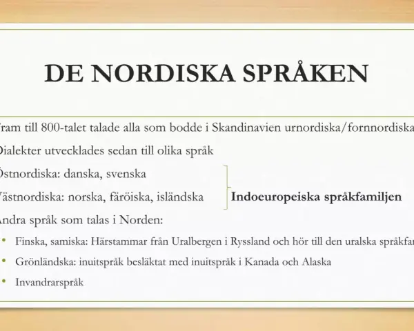 Bilden visar en presentation om de nordiska språken, som tillhör den indoeuropeiska språkfamiljen. Den beskriver hur urnordiska utvecklades till dagens skandinaviska språk.