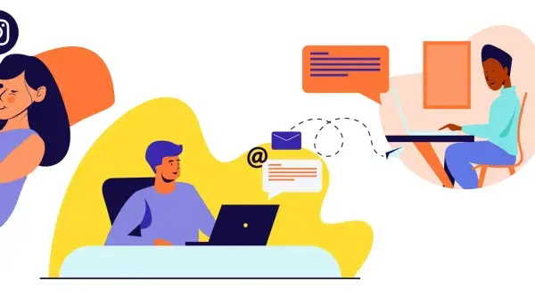 Illustration visar hur folk kommunicerar digitalt, från sociala medier till samtal. Det är en visuell representation av hur slang i svenska språket sprids online.