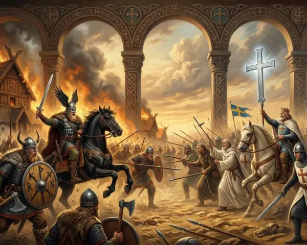 Strid mellan vikingar och kristna riddare under kristnandet av Sverige. Brinnande hus och en lysande korssymbol.