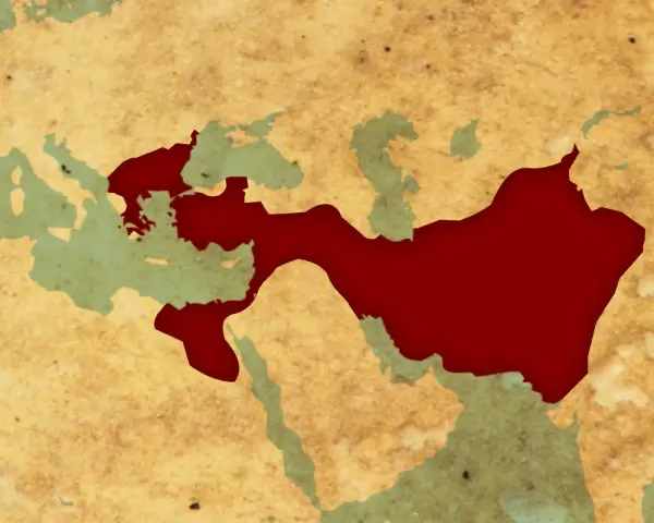 Karta som visar Alexander den stores imperium i rött, sträckande sig från Grekland till Indien.
