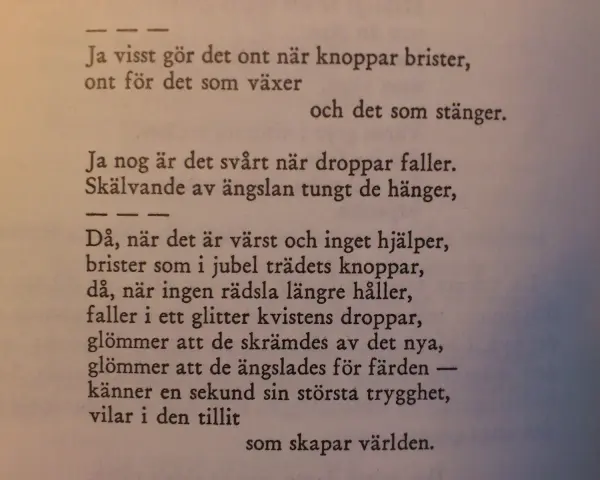 Texten beskriver hur det gör ont när knoppar brister, men också hur det kan vara svårt när droppar faller. Det är en dikt om livets övergångar.