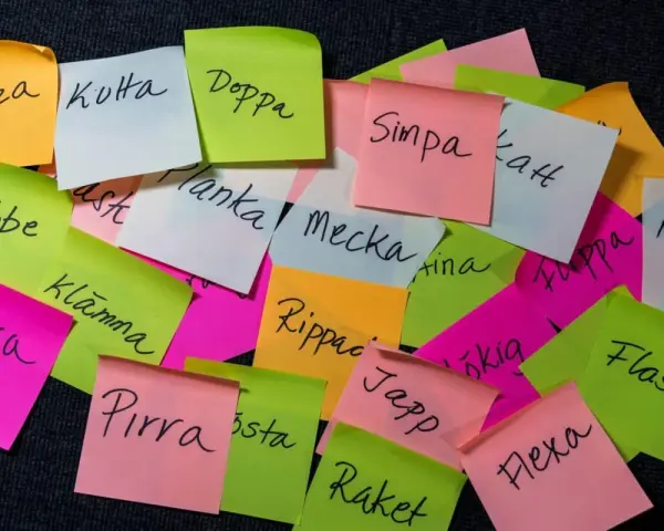 En hög med färgglada post-it-lappar med gamla svenska slangord som "Bäzza", "Kotta", "Doppa", "Simpa", "Tabbe", "Planka", "Mecka", "Kran", "Knasa", "Flasha", "Pirra", "Japp", "Raket" och "Flexa".