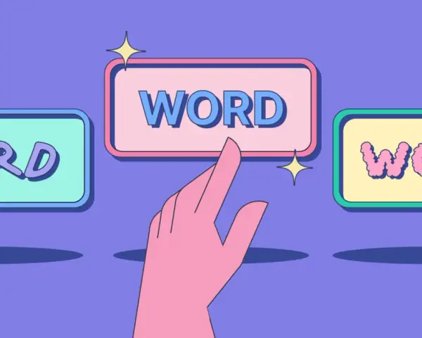 En hand pekar på en av tre rutor med ordet "WORD" i olika stilar. Ett visuellt sätt att välja rätt ord eller påpekar synonym.