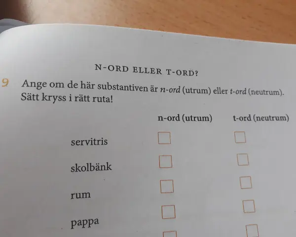 En skoluppgift där elever ska avgöra om substantiv som "servitris", "skolbänk", "rum" och "pappa" är n-ord eller t-ord. En övning i grammatik, inte en diktsamling synonym.