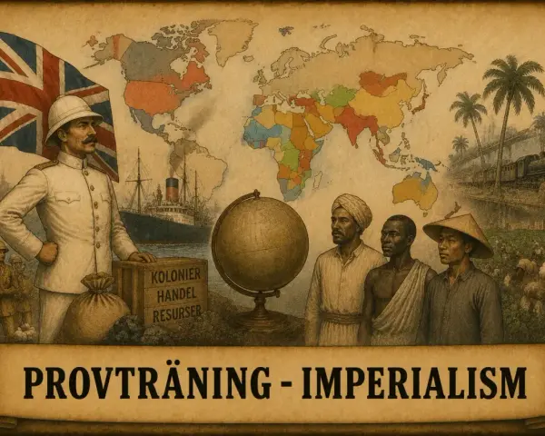 En brittisk officer står vid en världskarta som visar koloniala gränser. Bilden illustrerar imperialism och kolonialism med skepp, tåg och människor från olika kontinenter.