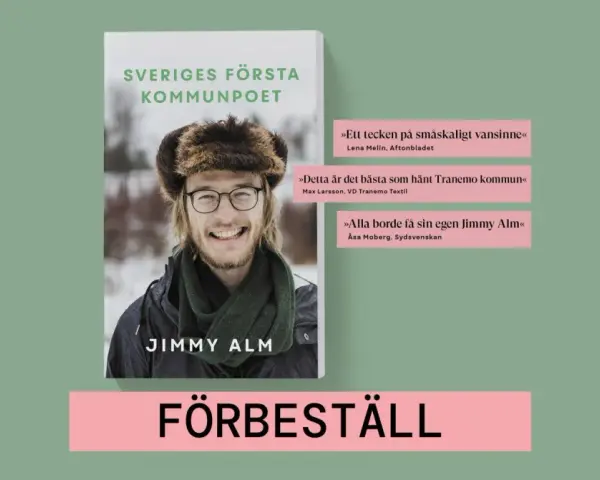 Jimmy Alm, Sveriges första kommunpoet, firar 50 år med en diktsamling. Boken "Förbeställ" hyllas av recensenter.