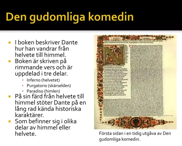 Första sidan i en tidig utgåva av Dante Alighieris Den gudomliga komedin, med en stor initial.