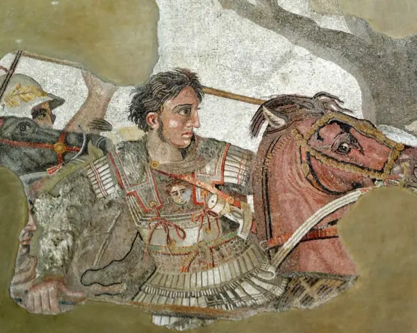 Mosaik som skildrar Alexander den stores rike, med honom på hästryggen i strid.