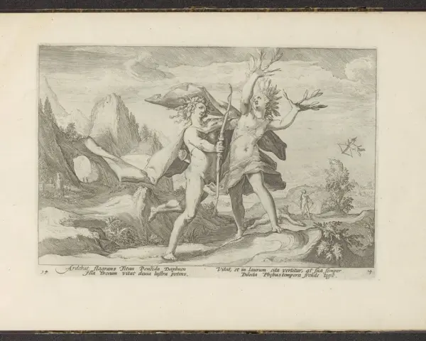 Apollon jagar Dafne som förvandlas till ett lagerbladsträd. En scen inspirerad av Ovidius.