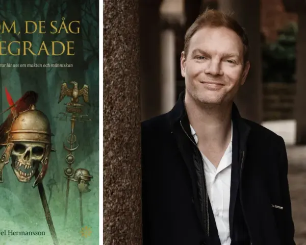 Daniel Hermansson, författare till "De kom, de såg, de segrade", med en bokomslag som visar en romersk hjälm på ett dödskalle.