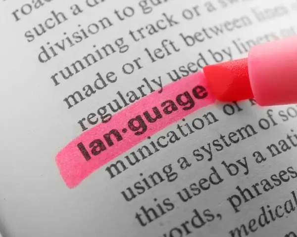 En rosa överstrykningspenna markerar ordet "language" i en ordbok. Ett av retorikens verktyg är att förstå språket.