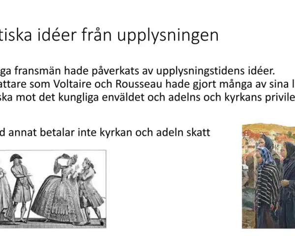 Upplysningens idéer, som kritiserade kungamakt och privilegier, var orsaker till franska revolutionen. Bilden visar samtida illustrationer.