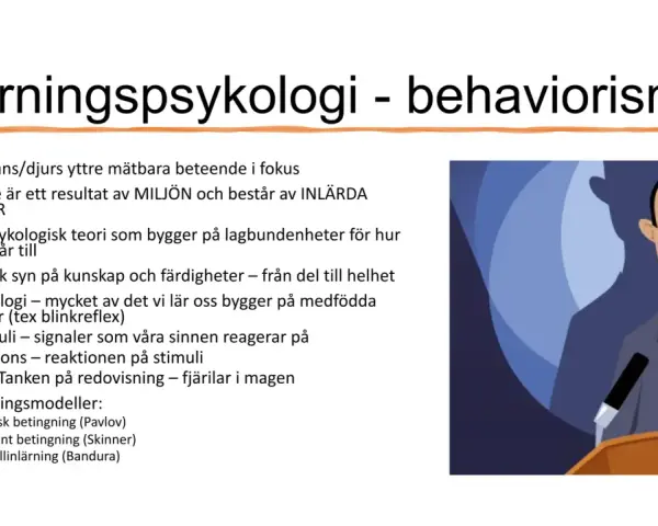 En man med orolig min står vid ett podium. Bilden illustrerar inlärningspsykologi och behaviorism, där beteende ses som ett resultat av miljön.