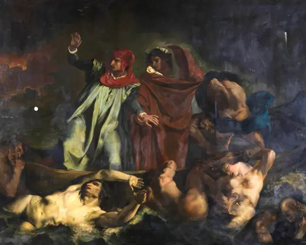 Dante Alighieri leder en båt genom mörka vatten, omgiven av lidande själar.