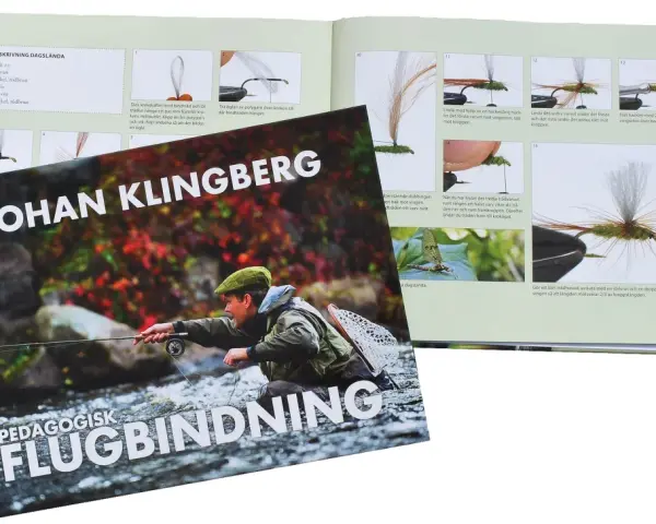 En bok om flugbindning visar steg-för-steg-instruktioner för att binda en dagslända. Boken har titeln "Pedagogisk Flugbindning" av Johan Klingberg.