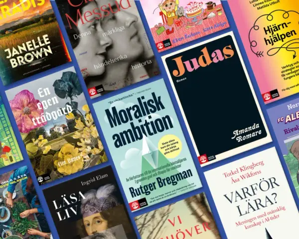 En färgsprakande collage av bokomslag, med titlar som "Judas", "Moralisk ambition" och "Varför lära?". Ett perfekt boktips klassiker för alla bokälskare.