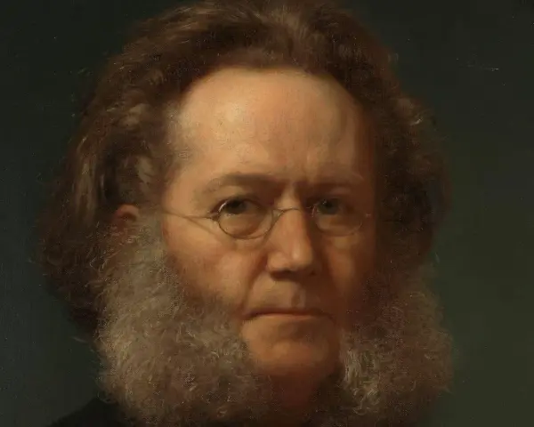 Porträtt av Henrik Ibsen med sitt karaktäristiska skägg och glasögon. Hans blick är intensiv och tankfull.
