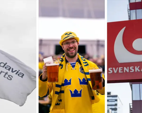 En flagga med Swedavia Airports, en supporter med öl i gulblå tröja, och en skylt för Svenska Spel. Kalla det vad fan du vill, det är Sverige!