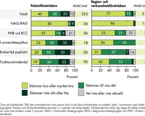 Diagram visar svar från patient- och verksamhetsföreträdare. "Stämmer bra eller mycket bra" är ett tydligt synonym för positivt gensvar.