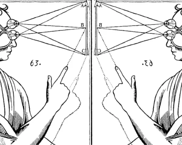 Två spegelvända illustrationer av ögonens anatomi och hur de uppfattar ljus, en visuell representation av dualism filosofi.