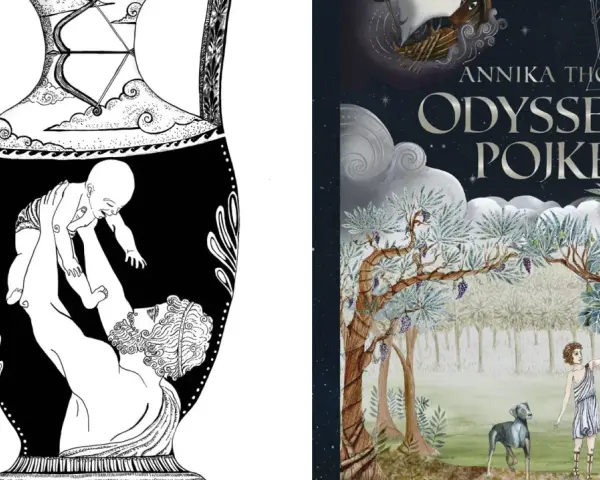Antik vas med en bebis som lyfts, bredvid bokomslag för "Odysseus Pojke" av Annika Thor. Vem skrev Iliaden och Odysséen?