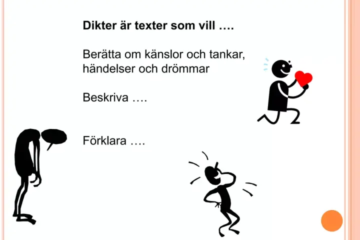 Vad betyder lyrik? Dikter vill berätta, beskriva och förklara känslor, tankar, händelser och drömmar. Bilden visar stickfigurer som illustrerar detta.