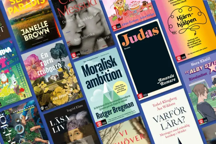 En färgsprakande collage av bokomslag, med titlar som "Judas", "Moralisk ambition" och "Varför lära?". Ett perfekt boktips klassiker för alla bokälskare.