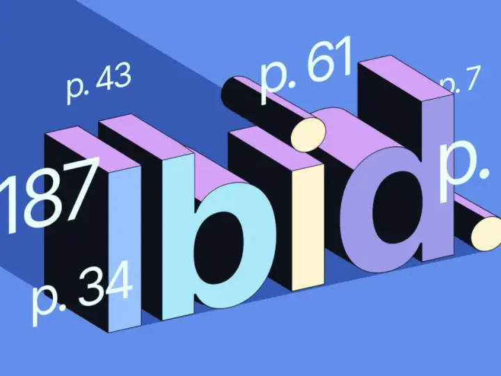 3D-bokstäverna "ibid" med sidnummer som p. 187, p. 43, p. 61, p. 7, p. 34 och p. 12.