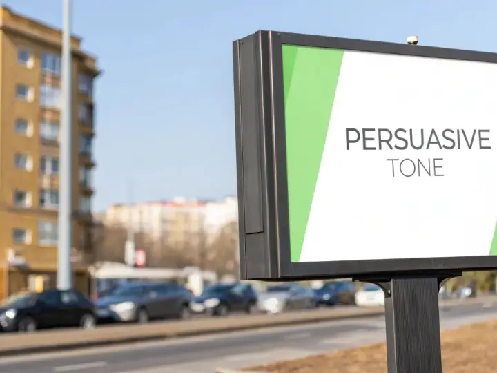 Billboard with "PERSUASIVE TONE" text on a white background with green accents.