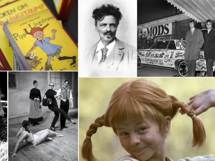Pippi Långstrump-böcker, en man med mustasch, en bil med Beatles-tema, en balettscen och en närbild på Pippi Långstrump. En epistel-synonym kan vara en kort berättelse.