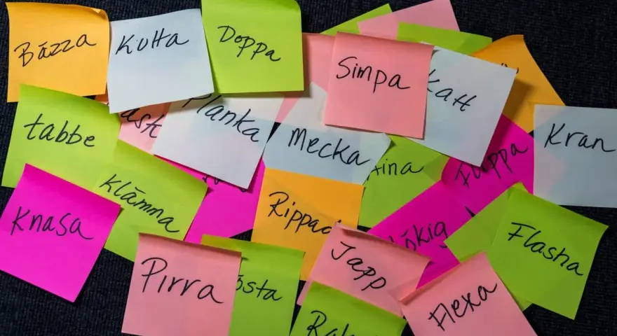 En hög med färgglada post-it-lappar med ord som "Bazza", "Kuta", "Doppa", "Simpa", "Planka", "Mecka", "Kran", "Knasa", "Klamma", "Rippac", "Japp", "Pirra", "Raket", "Flasha", "Flexa". Kanske en ordlek eller en lista över synonymer för uppehåll?