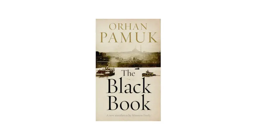 Omslaget till Orhan Pamuks roman "The Black Book", med en sepiafärgad bild av fartyg på en flod och en stad i bakgrunden.