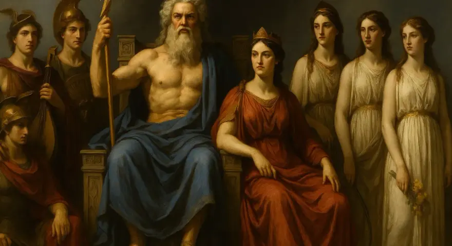 Zeus tronar med sitt blixtrande spjut, omgiven av sina barn. Bredvid honom sitter en kvinna i rött, kanske tvedräktens gudinna, medan andra unga kvinnor står bakom.