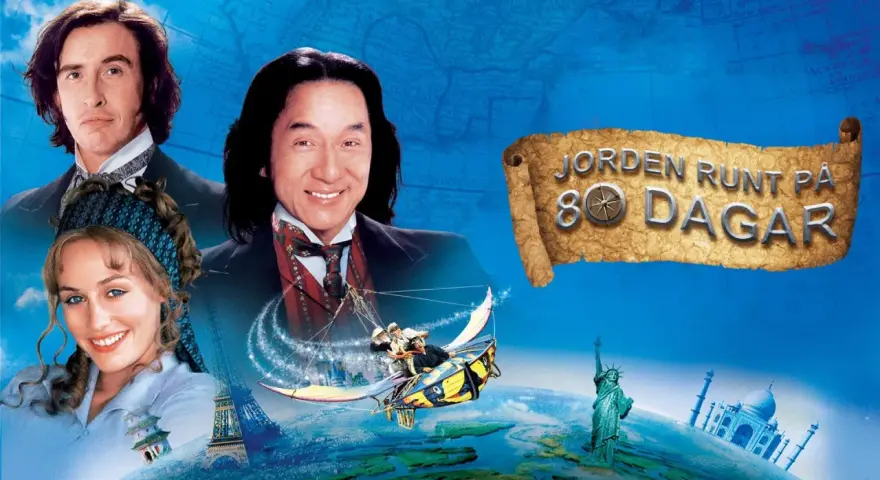 Jackie Chan och Steve Coogan i en äventyrlig resa runt jorden på 80 dagar, med ikoniska landmärken som Eiffeltornet och Taj Mahal.