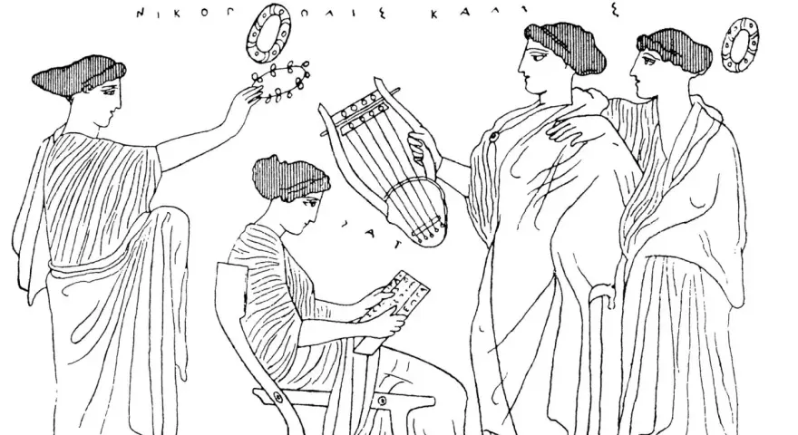 Kvinnor samlas kring en lyra och en skrivtavla, en scen som påminner om Sapfo fragment 31. En kvinna spelar lyra, en annan skriver, medan en tredje håller upp en krans.