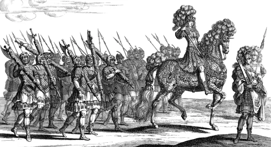 En kavalkad av soldater med spjut och en ryttare på en utsmyckad häst. Kanske är det den rasande Roland som leder sitt följe.