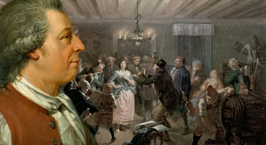 Carl Bellman i förgrunden, bakom honom ett myllrande sällskap på fest med musik och dans.