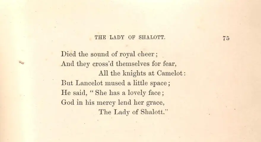 Text från en bok med en bunden form dikt om "The Lady of Shalott".