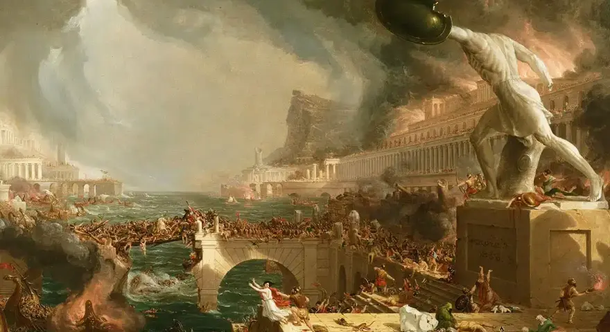 Kaos och förstörelse i en stad vid havet, med brinnande byggnader och stridande människor. En staty med sköld reser sig över scenen, som skildrar en dramatisk händelse från romarriket årtal.