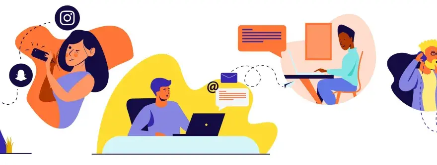 Illustration visar hur folk kommunicerar digitalt, från sociala medier till samtal. Det är en visuell representation av hur slang i svenska språket sprids online.