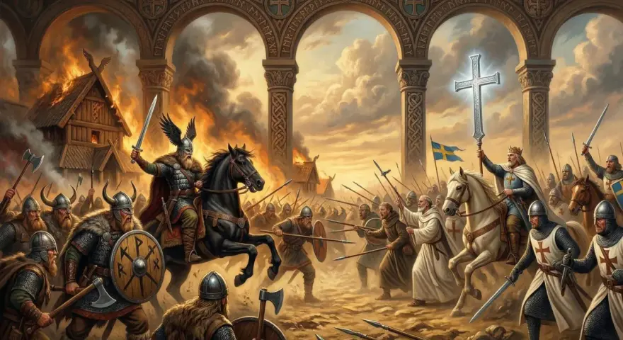 Strid mellan vikingar och kristna riddare under kristnandet av Sverige. Brinnande hus och en lysande korssymbol.