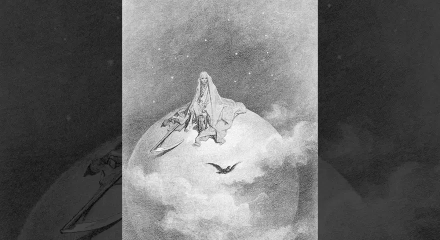 En dödsgestalt med lie sitter på en jordliknande sfär bland moln och stjärnor, en korp flyger förbi. Inspirerad av Edgar Allan Poe.