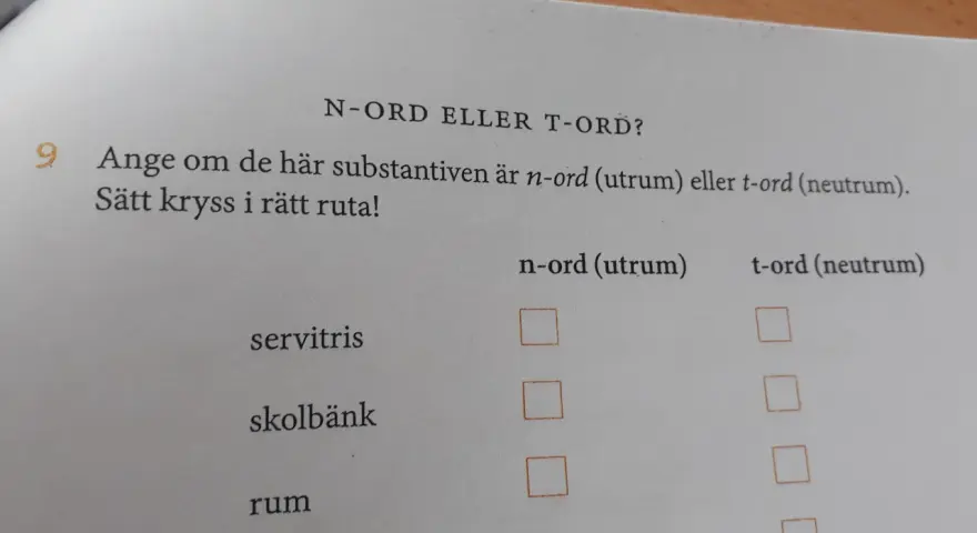 En skoluppgift där elever ska avgöra om substantiv som "servitris", "skolbänk", "rum" och "pappa" är n-ord eller t-ord. En övning i grammatik, inte en diktsamling synonym.
