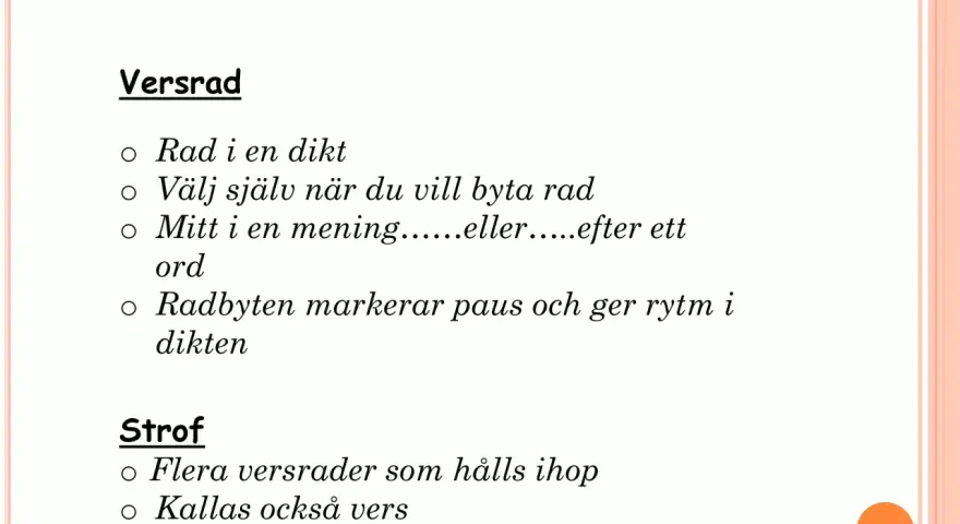 Text om vers och strof, där strof är ett synonym till lyrik. Beskriver radbrytningar och rytm.