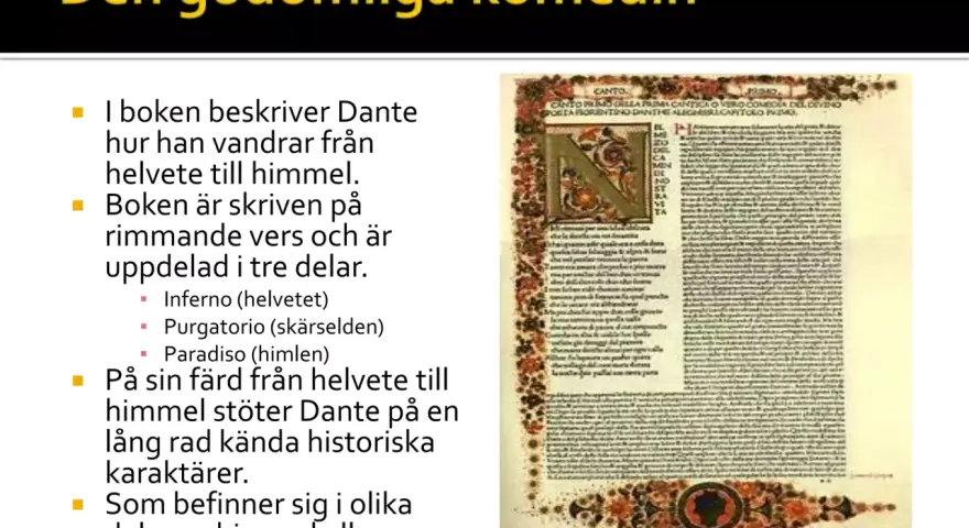 Första sidan i en tidig utgåva av Dante Alighieris Den gudomliga komedin, med en stor initial.