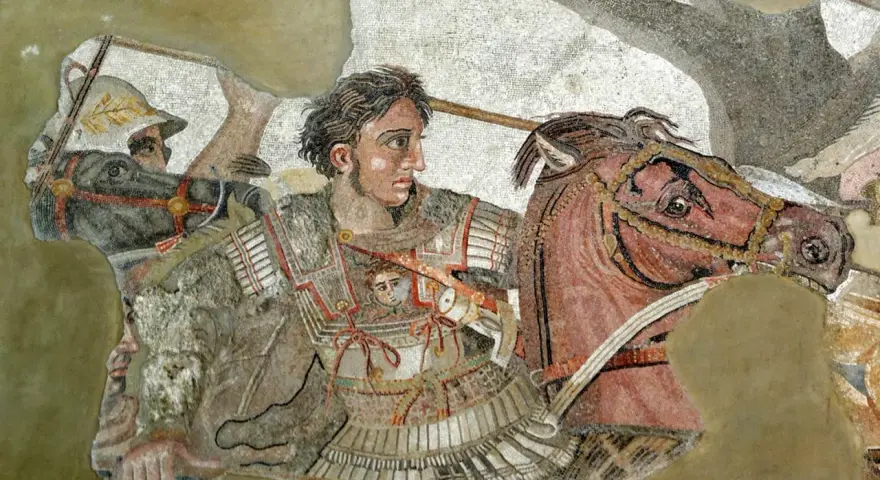 Mosaik som skildrar Alexander den stores rike, med honom på hästryggen i strid.