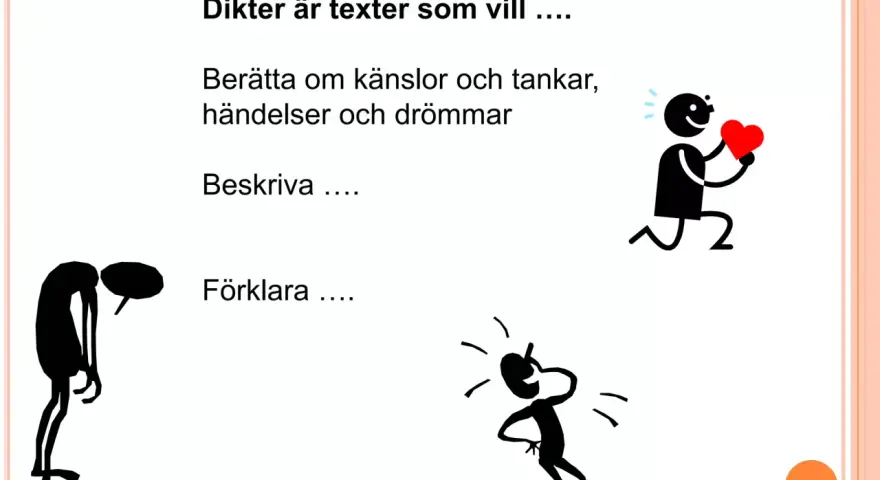 Vad betyder lyrik? Dikter vill berätta, beskriva och förklara känslor, tankar, händelser och drömmar. Bilden visar stickfigurer som illustrerar detta.