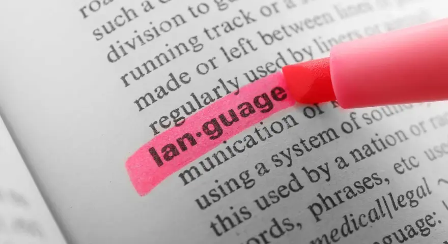 En rosa överstrykningspenna markerar ordet "language" i en ordbok. Ett av retorikens verktyg är att förstå språket.