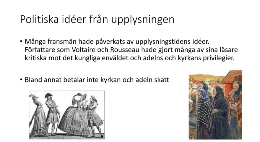 Upplysningens idéer, som kritiserade kungamakt och privilegier, var orsaker till franska revolutionen. Bilden visar samtida illustrationer.