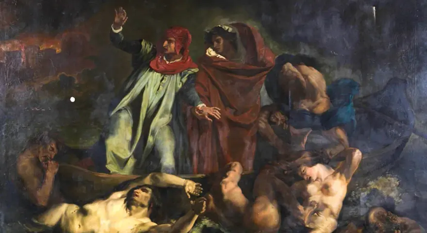 Dante Alighieri leder en båt genom mörka vatten, omgiven av lidande själar.